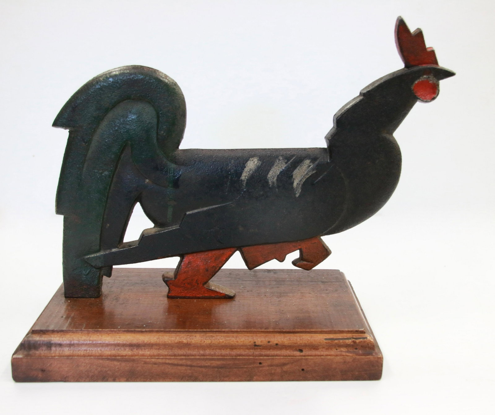 CAST IRON BOOT SCRAPER: IN THE FORM OF A ROOSTER ON MODERN WOODEN BASE - ORIGINAL PAINT Size: 14" L X 9 " H