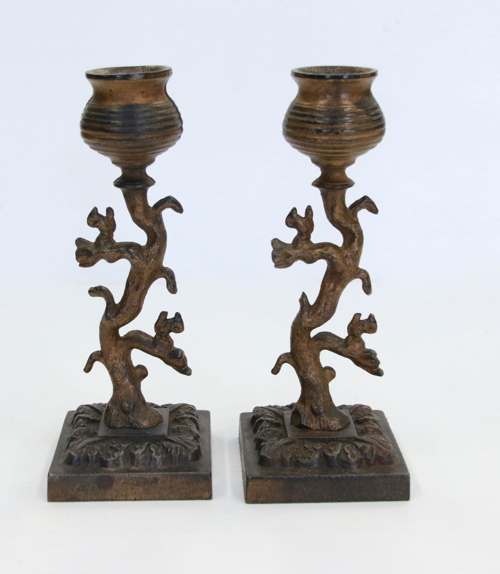 PR. OF FANCY CANDLE HOLDERS: CAST IRON CANDLE HOLDERS WITH SQUIRRELS IN TREES - TRACES OF GOLD PAINT Size: 7 1/2"