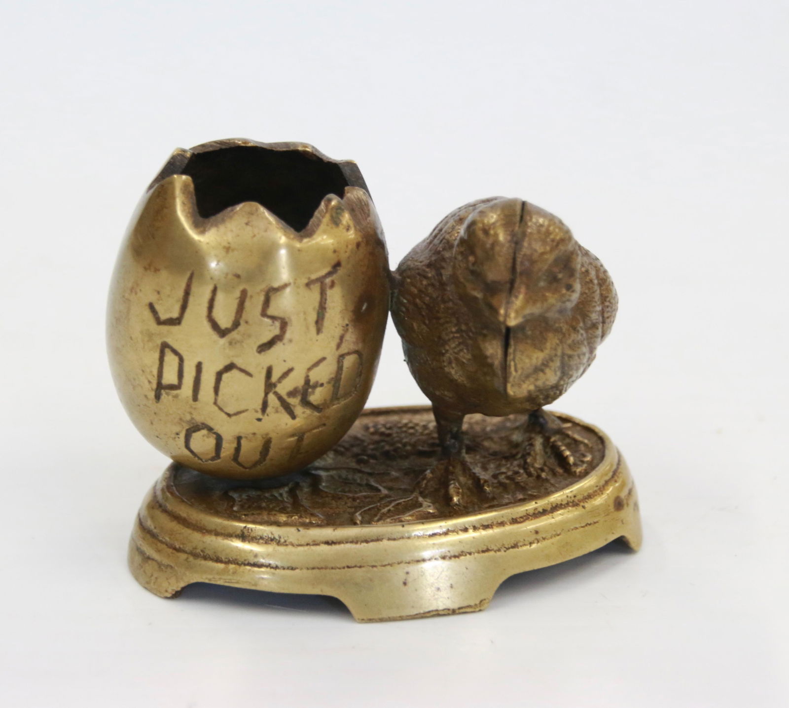 VINTAGE BRASS TOOTHPICK HOLDER: JUST PICKED OUT" WITH CHICKEN AND EGG Size: 3" X 2