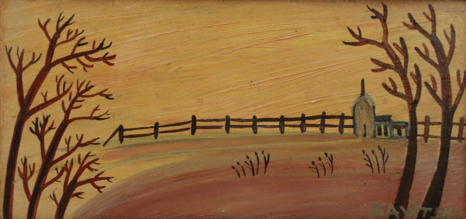 JACK SAVITSKY OIL ON BOARD: JACK SAVITSKY LANDSCAPE WITH HOUSE IN FALL - CIRCA 1960 - SIGNED LOWER RIGHT - FRAMED Size: 9" X 4 1/2" FRAMED SIZE