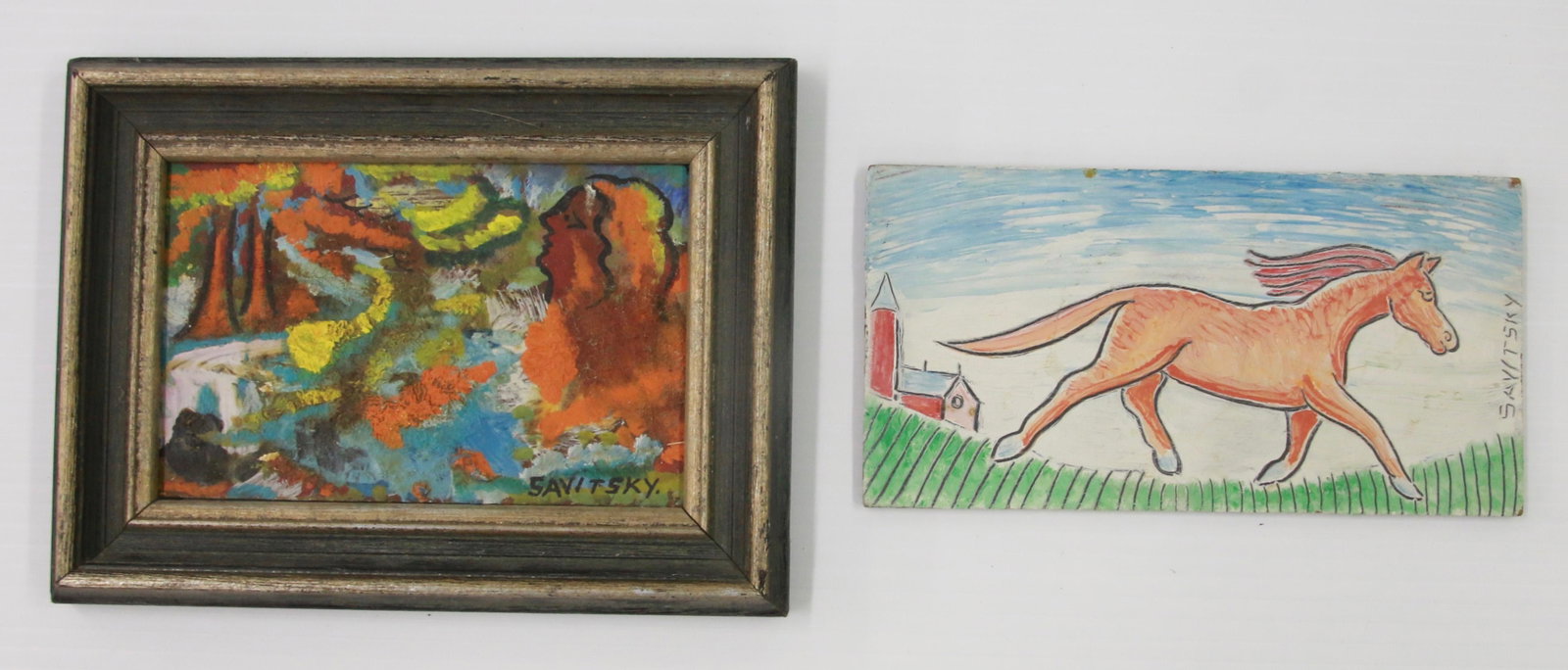 PAIR OF JACK SAVITSKY OIL ON BOARDS: JACK SAVITSKY HORSE AND ABSTRACT OILS ON BOARD Size: 3 1/2" X 6 1/2" (HORSE) - 4" X 6" (ABSTRACT)