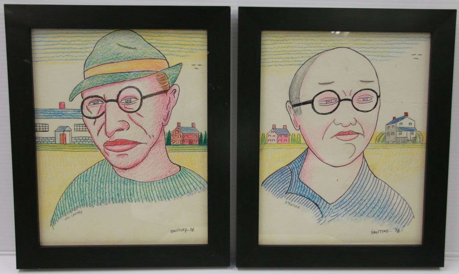 PR. OF JACK SAVITSKY DRAWINGS: STERLING STRAUSER AND JUSTIN MCCARTHY - HAND COLORED DRAWINGS - DATED 78 - FRAMED UNDER GLASS Size: 9" X 12"