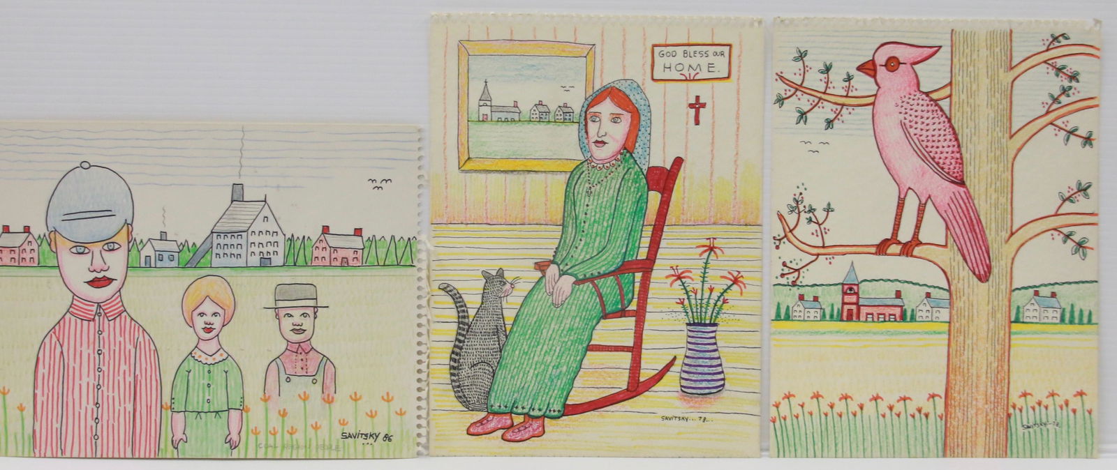 JACK SAVITSKY DRAWING LOT: (3) HAND COLORED DRAWINGS BY; JACK SAVITSKY - GRAMMY - CARDINAL - COAL REGION PEOPLE - DATED 78 AND 86 Size: 9" X 12"