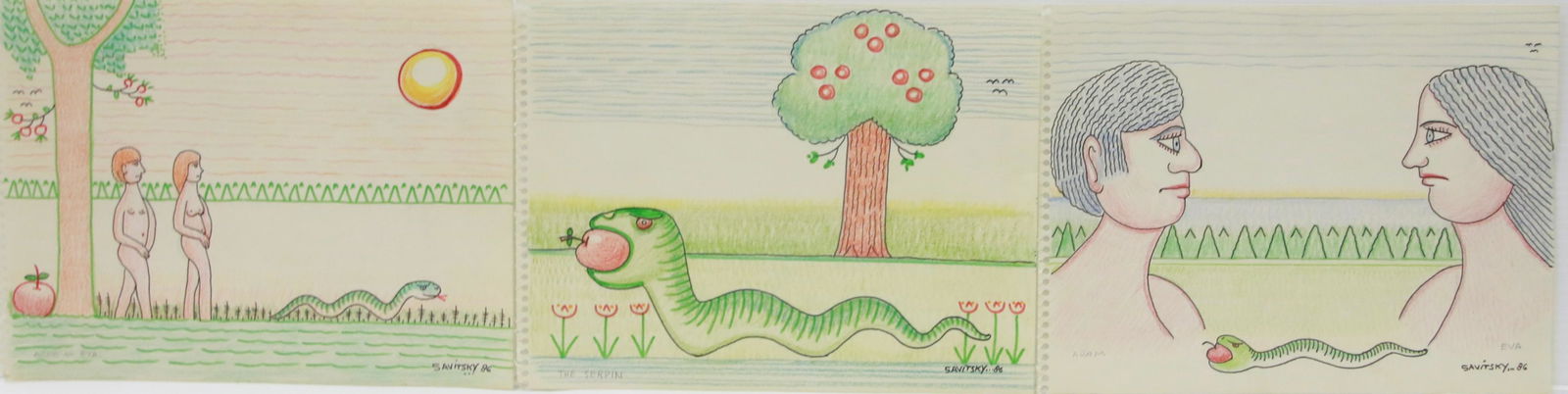 JACK SAVITSKY DRAWING LOT: (3) HAND COLORED DRAWINGS BY; JACK SAVITSKY - THE SERPIN - ADAM EVA - ADAM AND EVA - DATED 86 Size: 9" X 12"