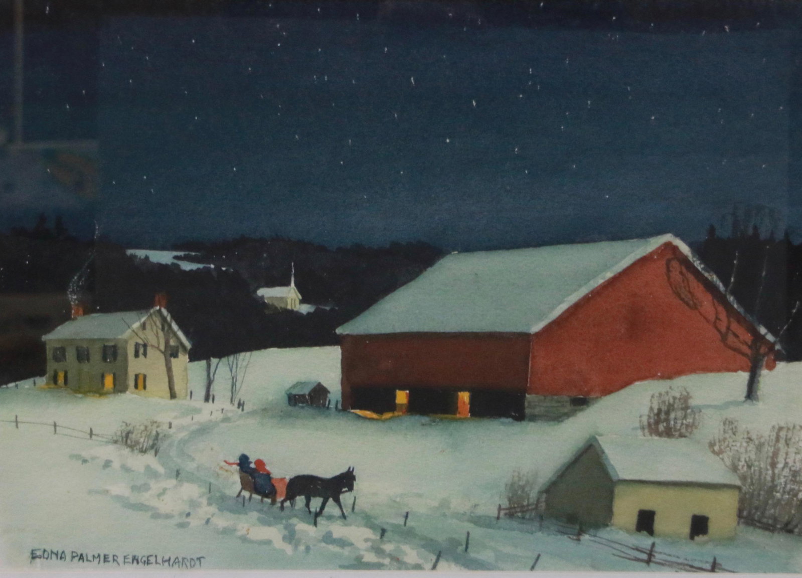 EDNA PALMER ENGELHARDT WATERCOLOR: NOCTURNAL SNOW SCENE - DEPICTS A HORSE AND CARRIAGE WITH PEOPLE RIDING TOWARDS HOME ON A SNOWY NIGHT - SIGNED LOWER LEFT - FRAMED AND MATTED Size: 14 3/4" X 10 3/4"