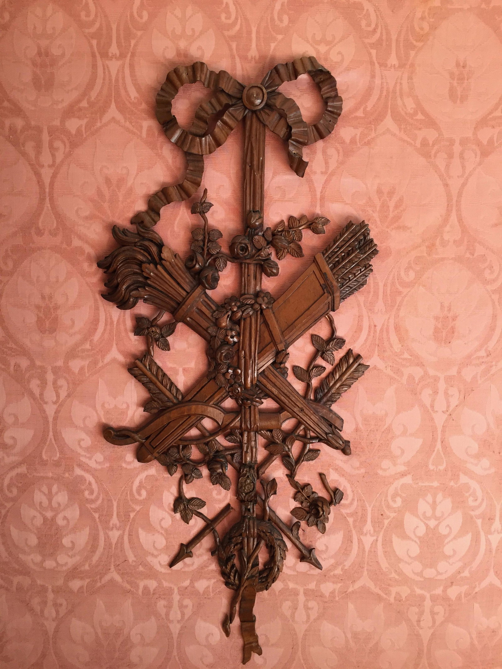 PR. OF CARVED WOODEN FRETWORK PIECES: DEPICTING CARVED TORCHES, ARROWS, AND ROSES Size: 29" H