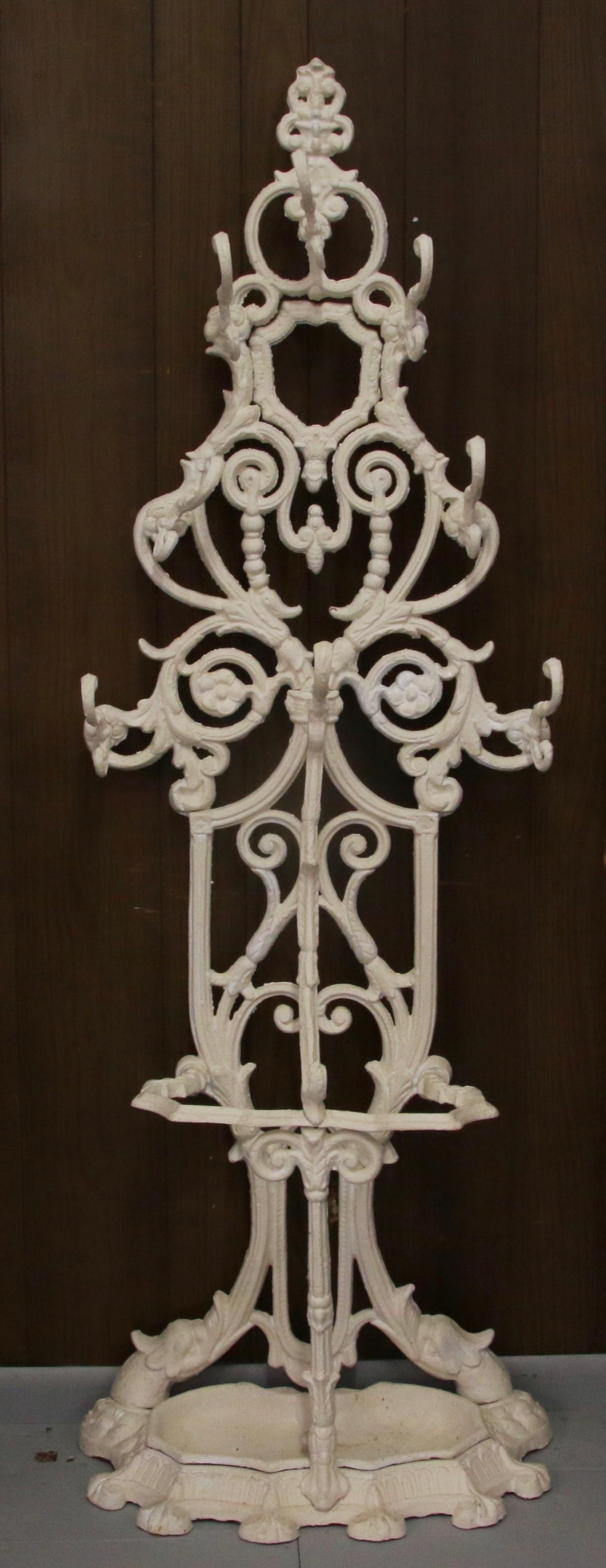 CAST IRON HALL RACK: PAINTED WHITE WITH HOOKS AND UMBRELLA HOLDER Size: 22" X 12" X 73"