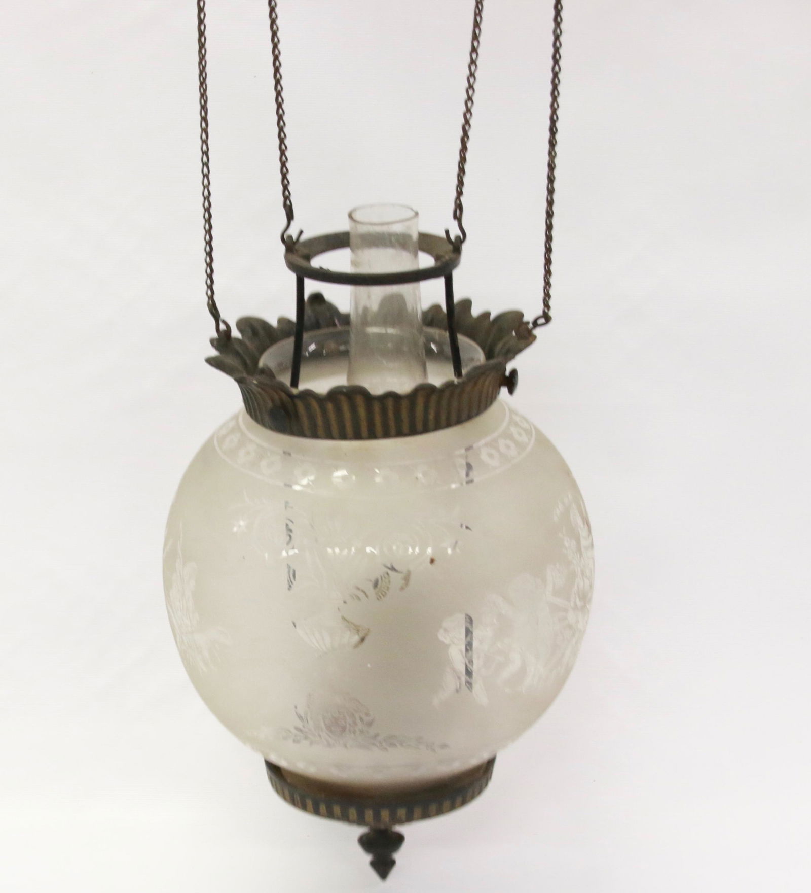 HANGING HALL LIGHT: KEROSENE LIGHT WITH CAST IRON FRAME, CHIMNEY AND SHADE WITH CUPIDS AND FLOWERS Size: 24" X 8"