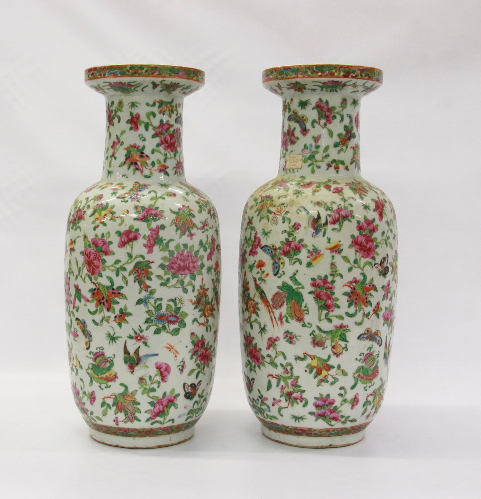 PR. OF 19TH CENTURY CANTON VASES: 19TH CENTURY ROSE CANTON VASES WITH FINE DETAIL OF BIRDS, BUTTERFLIES, AND FLOWERS - OLD LABEL ON BASE Size: 17.5" X 7.5"