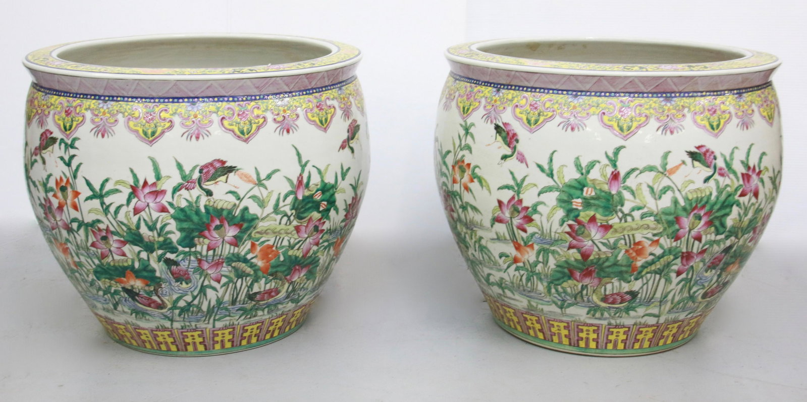 PR. OF CHINESE POTS: 20TH CENTURY POTS WITH MARSH SCENE OF LOTUS IN WATER - FOWL IN FLIGHT - INTERIOR SWIMMING CARP Size: 18" X 22"