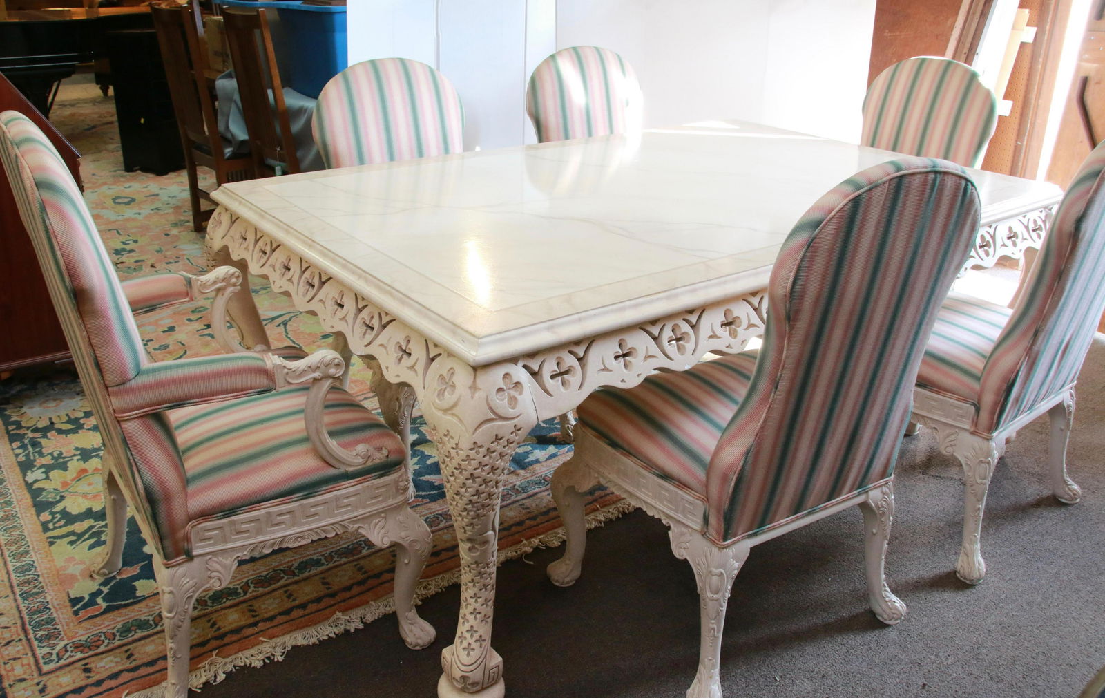 LARGE ORNATE DINING TABLE W/ 6 CHAIRS: CARVED LEGS, MARBLEIZED FINISH, AND 6 CHAIRS - 1 LEAF 48" X 75" X 32" H - 43" H X 24" W X 20" D