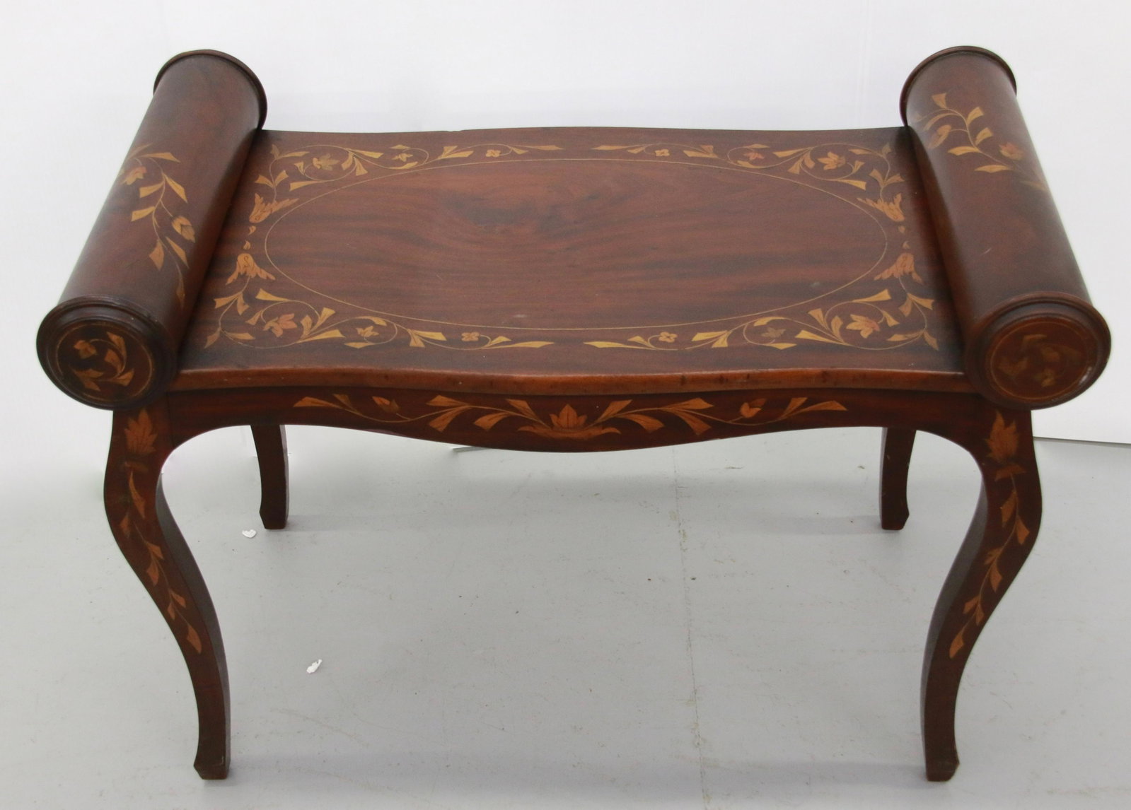 FRENCH MARQUETRY INLAID WINDOW SEAT: FLORAL DESIGN 32" X 17" X 22"