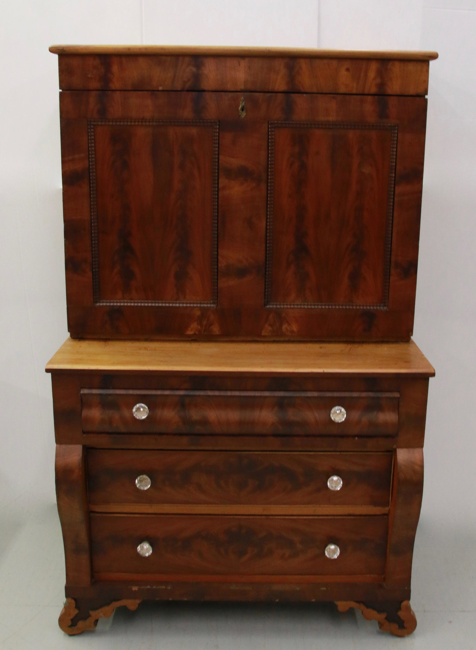 TWO-PIECE DROP FRONT DESK: MAHOGANY MATCHED VENEER - EMPIRE STYLE FRONT 39" X 22" X 63"