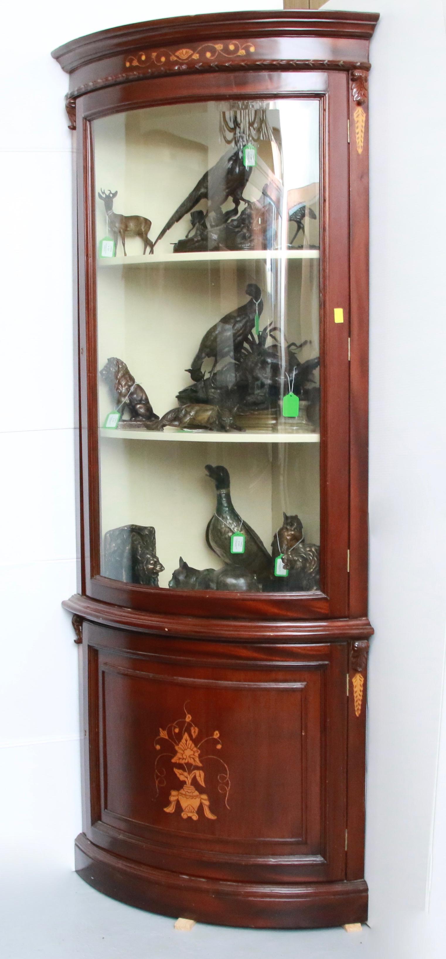 BOW FRONT MAHOGANY CORNER CUPBOARD: WITH INLAY DESIGN - ONE PIECE 34" X 83" X