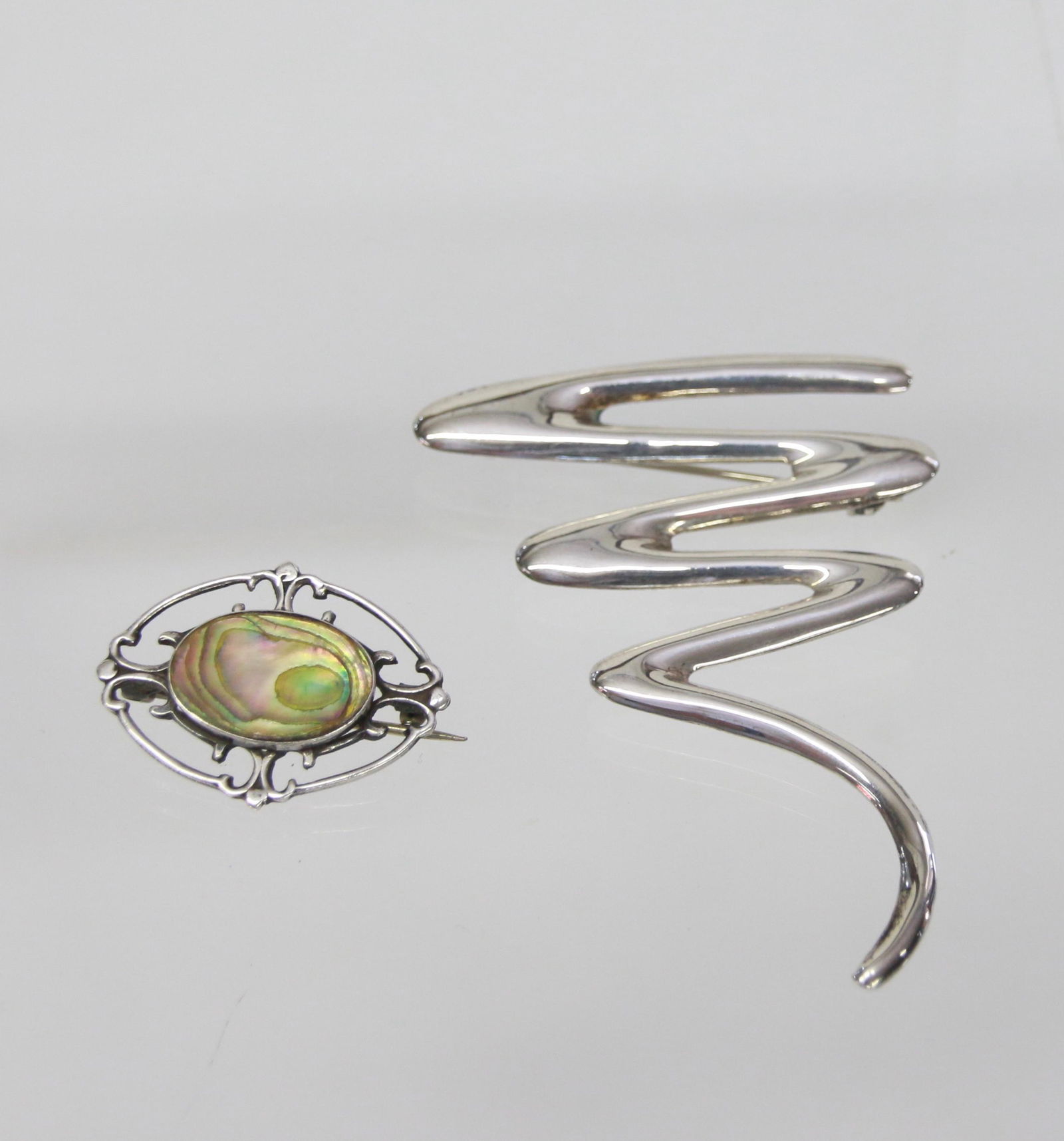 (2) STERLING PINS: VINTAGE ABALONE AND MODERN .31 OZT - 2.5" X 1.75" - 1" X .9"
