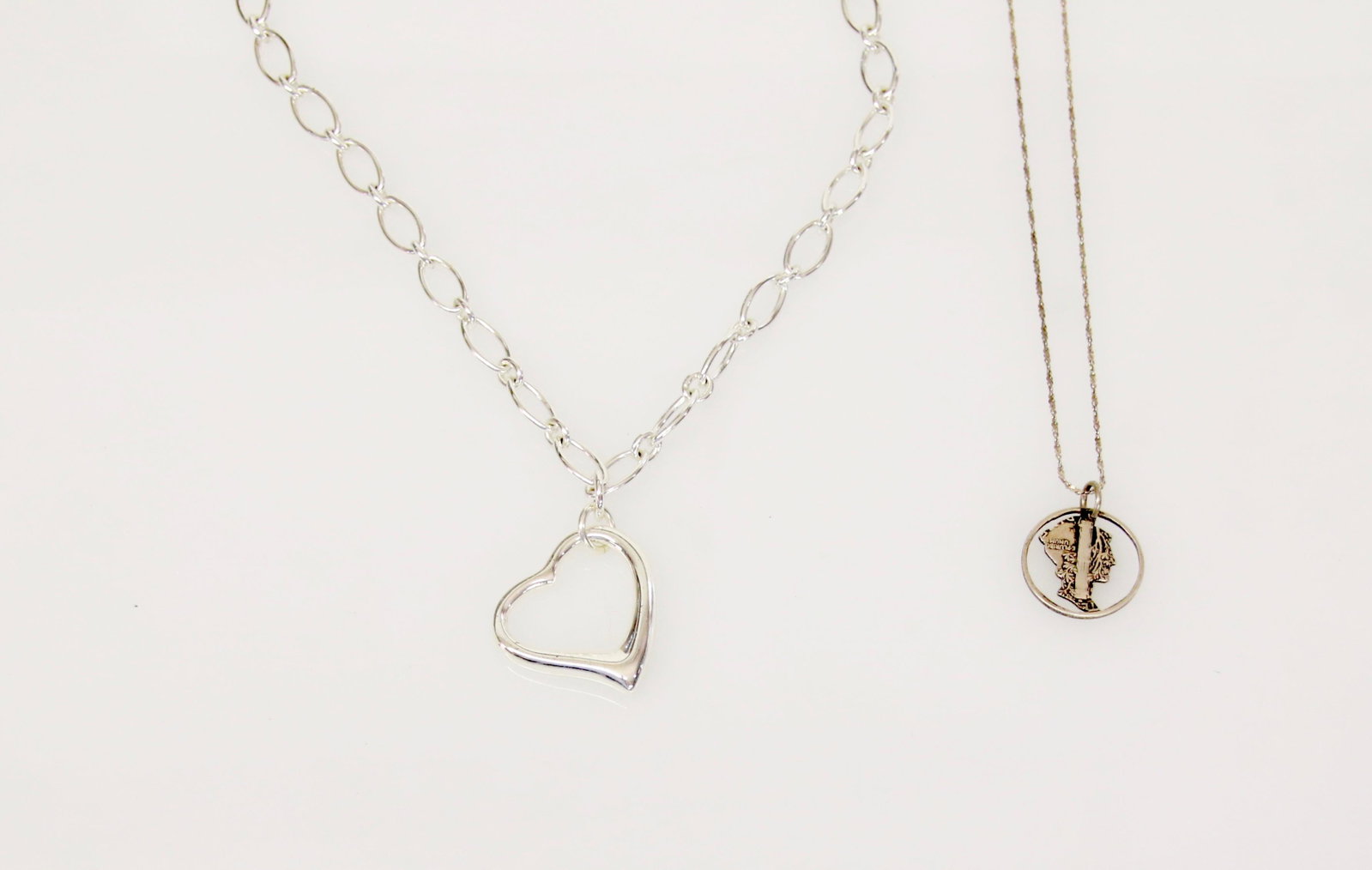 STERLING SILVER PENDANTS: HEART ON A CHAIN - MERCURY DIME ON A CHAIN .80 OZT - 16" CHAINS - HEART 1" DIA