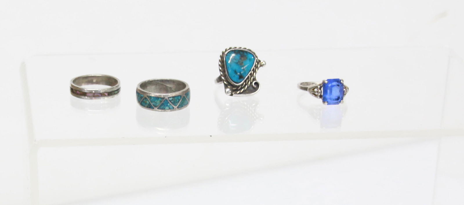 STERLING RING GROUP: NATIVE AMERICAN WITH TURQUOISE - 2 BANDS TURQUOISE ABALONE - BLUE STONE RING .42 OZT - 7" TO 5.5"