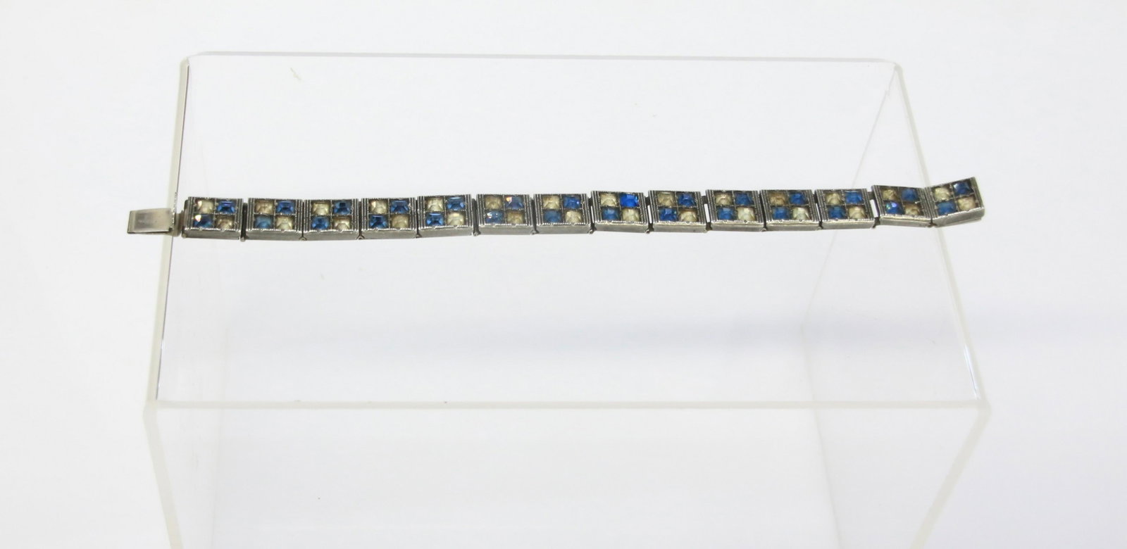 VINTAGE BRACELET: WHITE BLUE PASTE STONES - NICKEL FRAME - 1930'S 7.75" X .4"