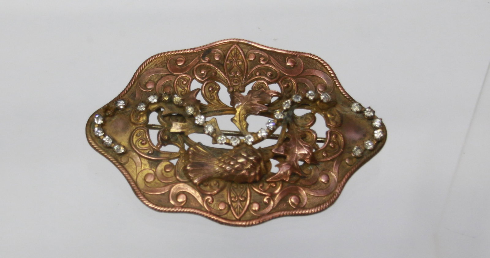 VINTAGE PIN: LARGE NOUVEAU PIN - PASTE STONES AND THISTLE - RED BRONZE 3" X 2"