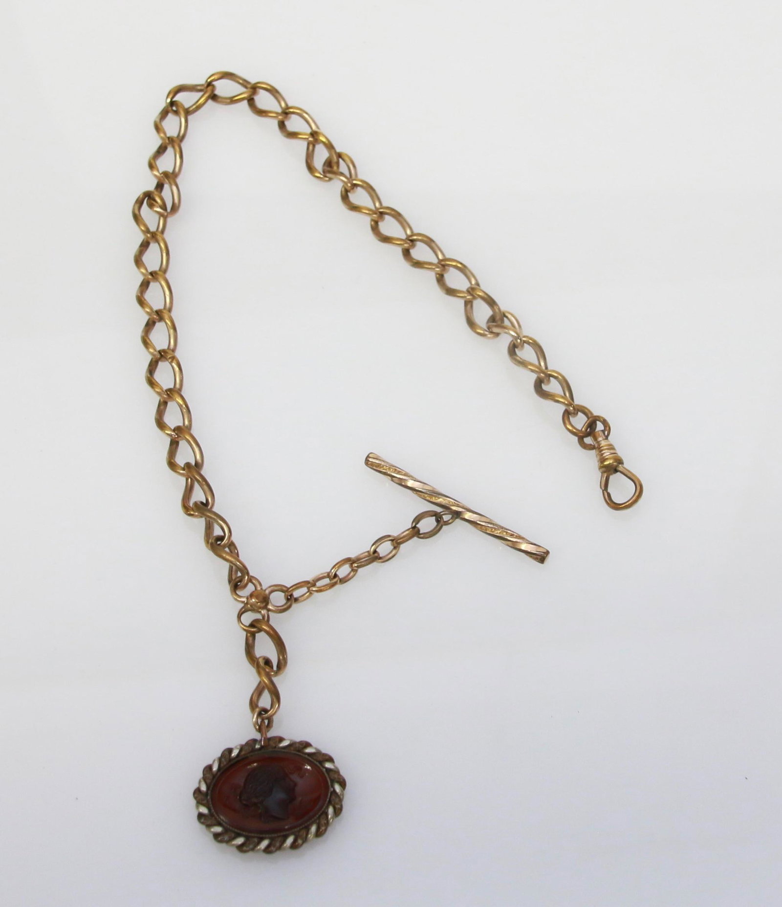 VICTORIAN WATCH CHAIN: LARGE LINK CHAIN WITH GLASS CAMEO FOB - GOLD FILLED 13.75" X .3"