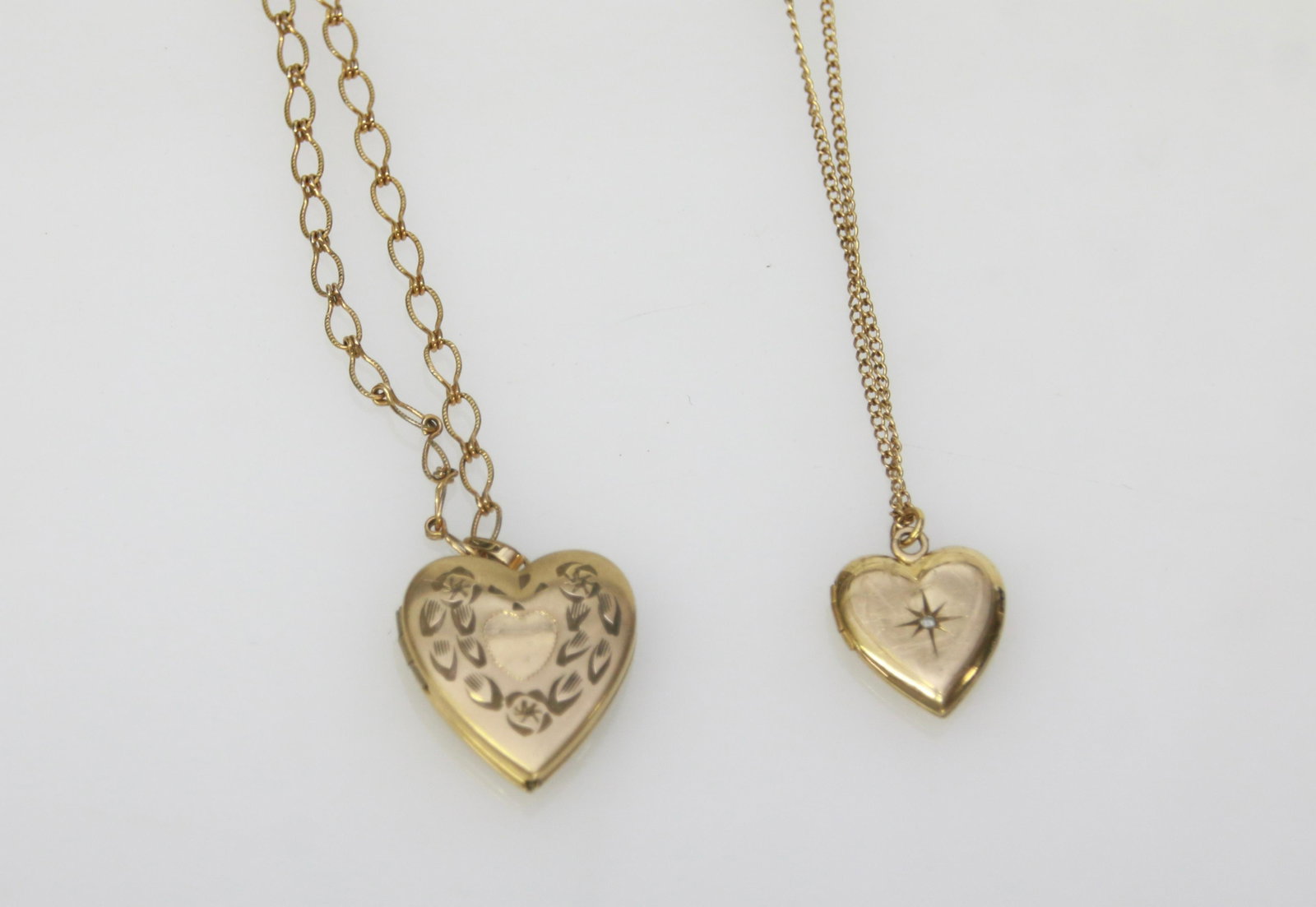 HEART LOCKETS: 2 - HEART LOCKETS ON CHAIN - ONE WITH SMALL DIAMOND 20" AND 18"