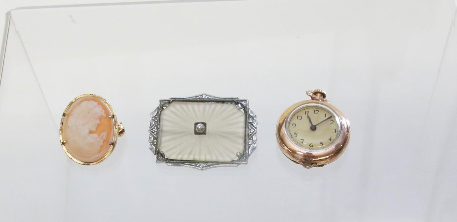 JEWELRY LOT: RECTANGULAR COSTUME PIN - SHELL CAMEO - GOLD FILLED WRIST POCKET WATCH 1.5" X 1.2"