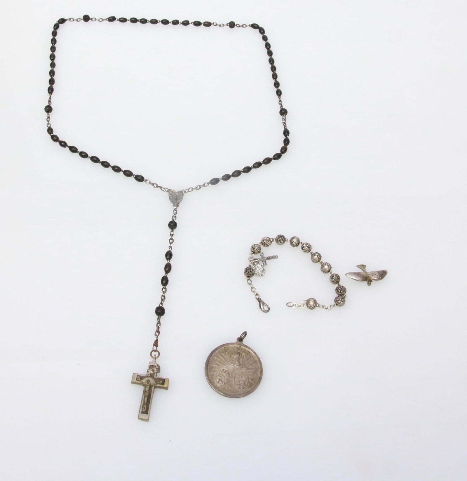 RELIGIOUS STERLING MEDAL: STERLING MEDAL ENAMELED - PROTECTS AIR, LAND, AND SEA - (2) ROSARIES AND STERLING DOVE