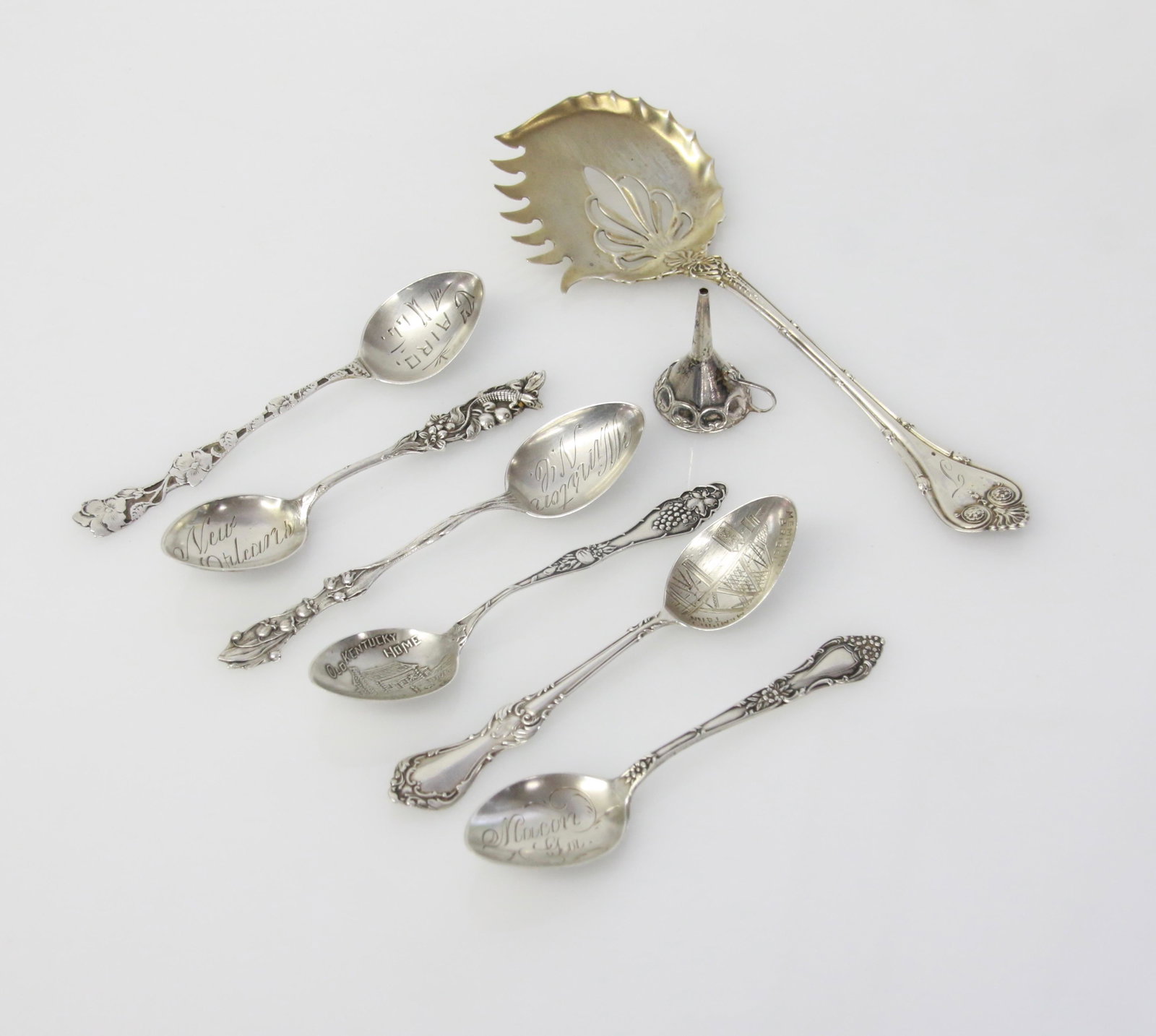 STERLING GROUP: 6 - DEMITASSE SPOONS - PERFUME FUNNEL - VICTORIAN SERVING PIECES - 1.86 OZT 1.86 OZT - 4" - 6" - 1.5"