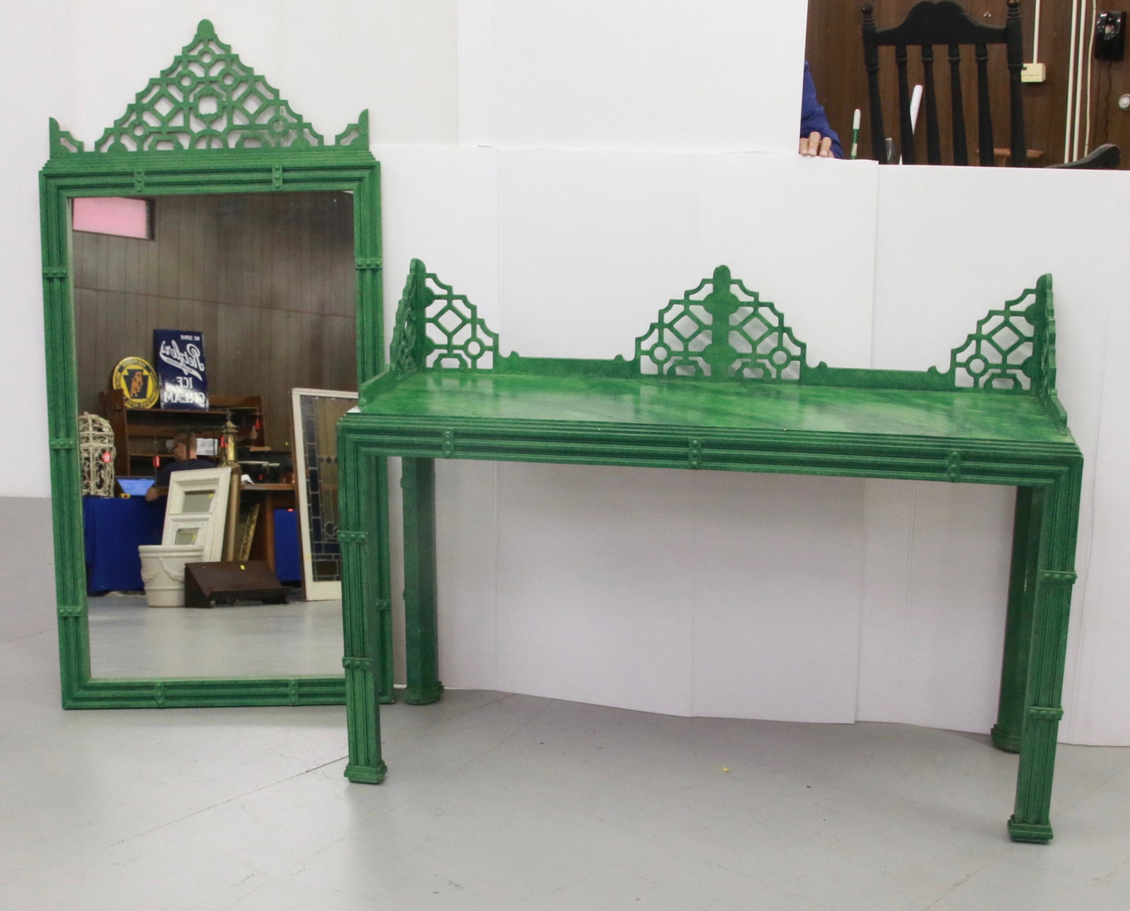 ASIAN STYLE CONSOLE TABLE AND MIRROR: MARBLED GREEN PAINT WITH ASIAN MOTIF 37" X 54" X 20" - MIRROR 61" X 30"
