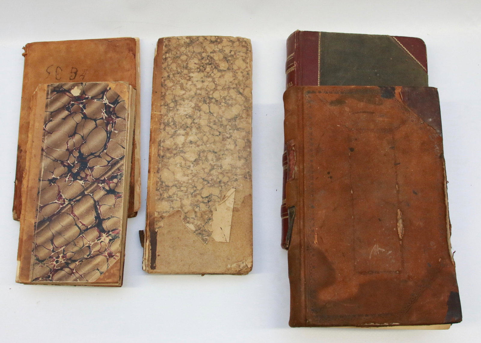 GROUP LOT OF EARLY JOURNAL AND LEDGERS: FIVE TOTAL FROM EARLY 19TH C. TO EARLY 20TH C. (ONE HAS RECEIPT FOR BURIAL COST) 12" TO 14" L