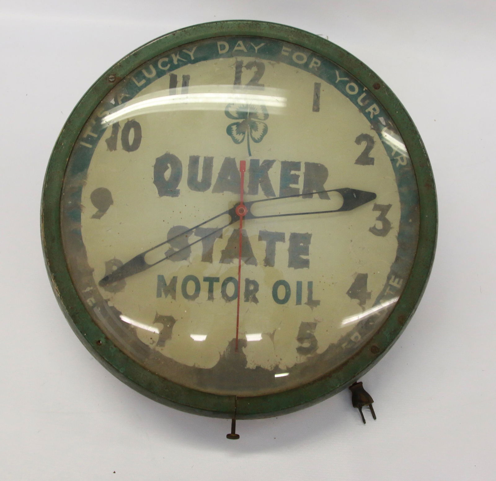 QUAKER STATE MOTOR OIL ADVERTISING CLOCK: DATED 1956 ON BACK. DUALITE DISPLAYS, OHIO
