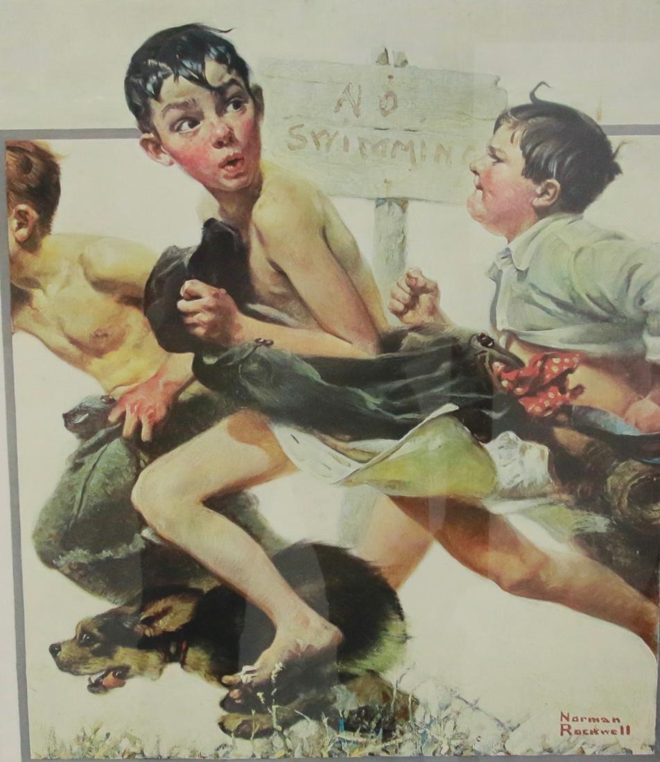 NORMAN ROCKWELL'S "NO SWIMMING" SGND. PRINT: SIGNED BOTTOM RIGHT "NORMAN ROCKWELL" IN PENCIL. FRAMED UNDER GLASS 20" X 26"