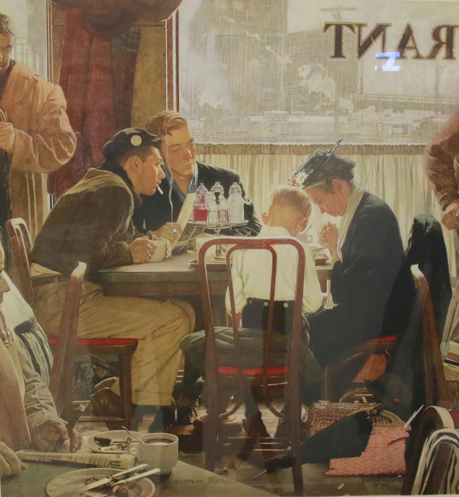 NORMAN ROCKWELL SIGNED PRINT: SAYING GRACE. SIGNED BOTTOM RIGHT. FRAMED UNDER GLASS FRAMED SIZE 30" X 36"