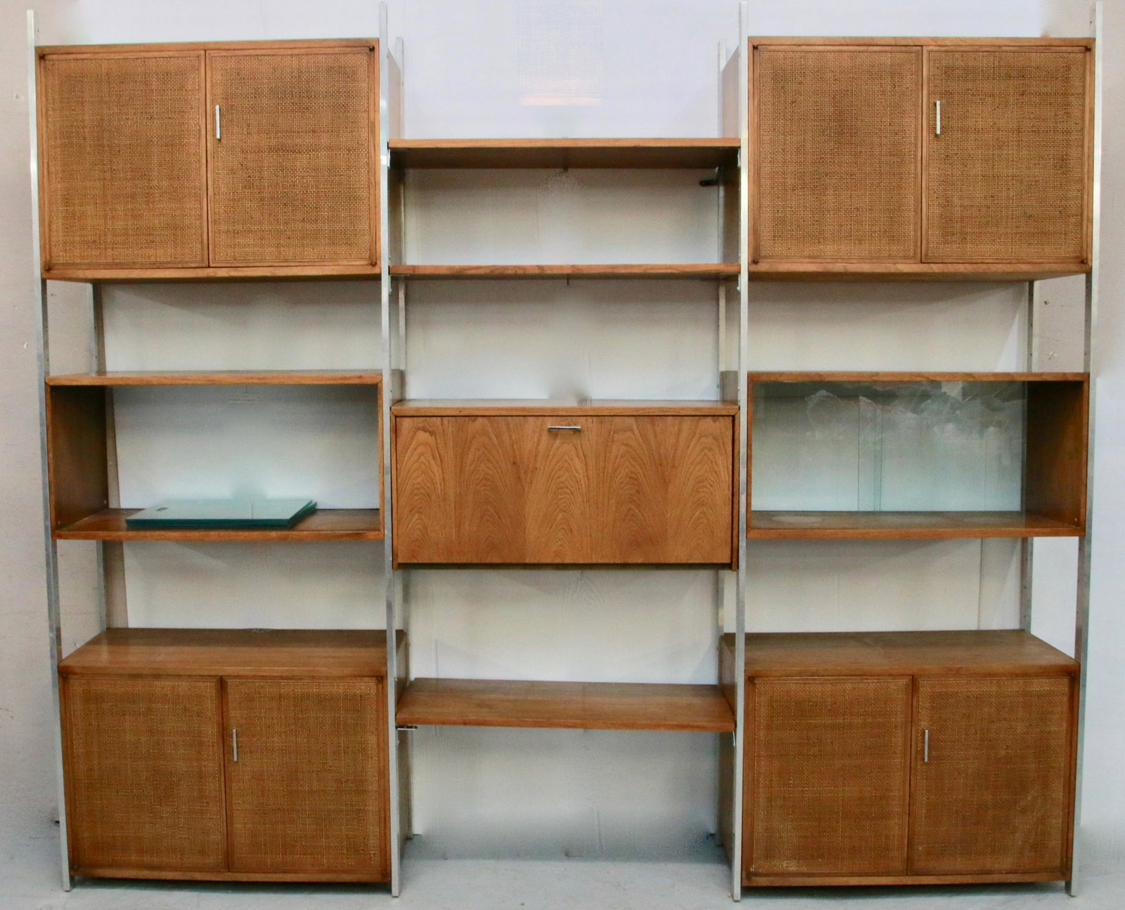 VINTAGE THREE SECTION WALL UNIT SIGNED FOUNDERS: CHROME, GLASS AND WALNUT MARKED IN DRAWER 98" X 82 1/2" X 16"