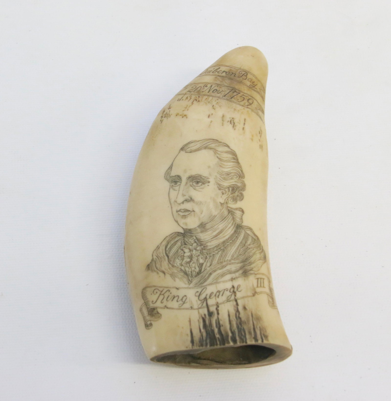 MODERN CARVED WHALE'S TOOTH: DEPICTS KING GEORGE III - SHIP - DATED 1759 5 3/4"