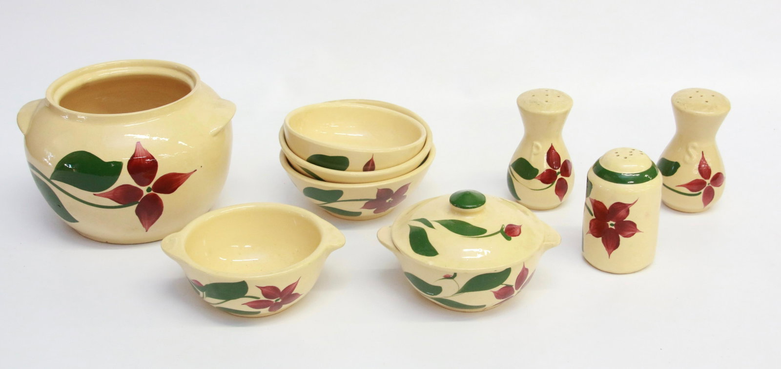 GROUP LOT OF WATT WARE: 10 PIECES - STAR FLOWER PATTERN - COOKIE JAR, S&P SHAKERS, SINGLE SALT SHAKER, COVERED BOWL, (4) BOWLS