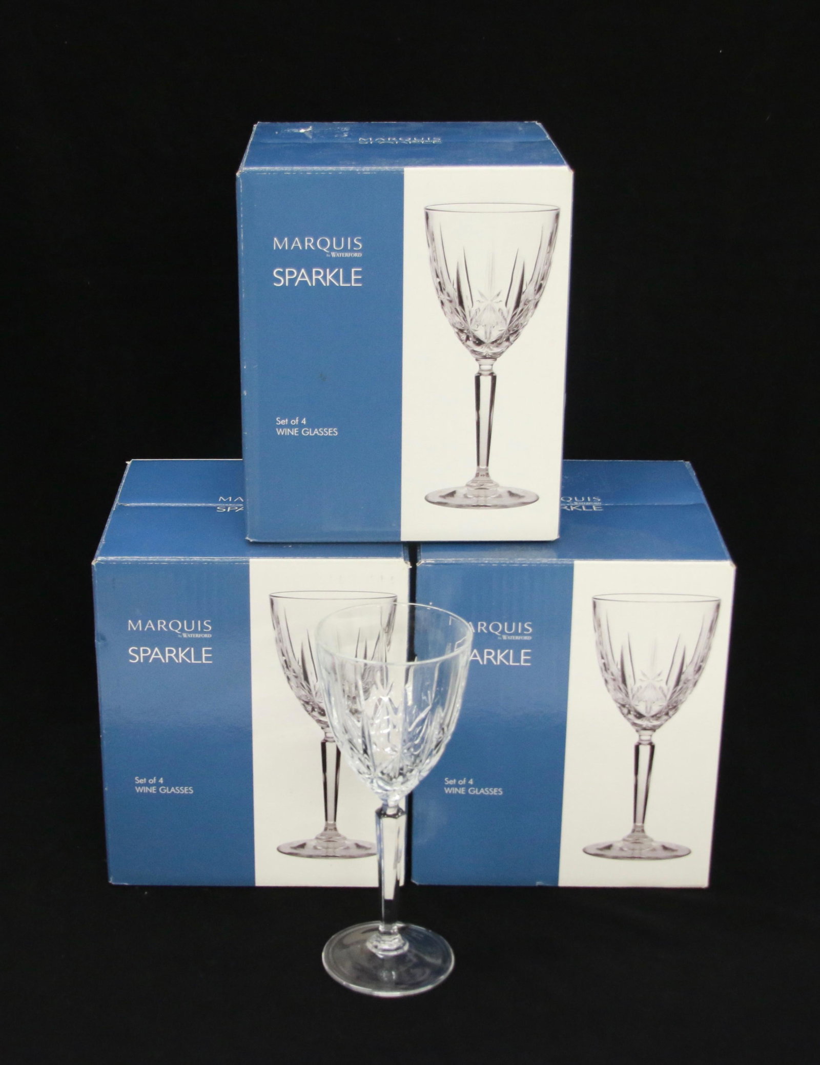 GROUP LOT OF GLASS STEMWARE: 16 MARQUIS BY WATERFORD BOXED WINE GLASSES, 8 CHAMPAGNE GLASSES, 11 HANDLED ALE MUGS 8" X 3 1/4". 4" X 4". 5" X 3"