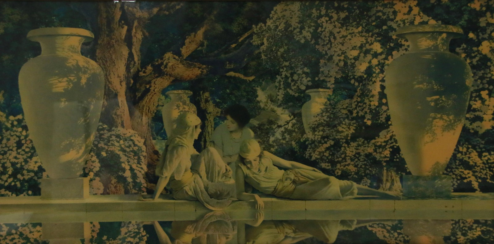 VINTAGE MAXFIELD PARRISH FRAMED PRINT: "GARDEN OF ALLAH". ORIGINAL FRAME. LARGEST FORMAT SOLD. MARKED BOTTOM RIGHT "M P" Size: 30" X 15". TOTAL SIZE WITH FRAME 33 1/2" X 18 1/2".