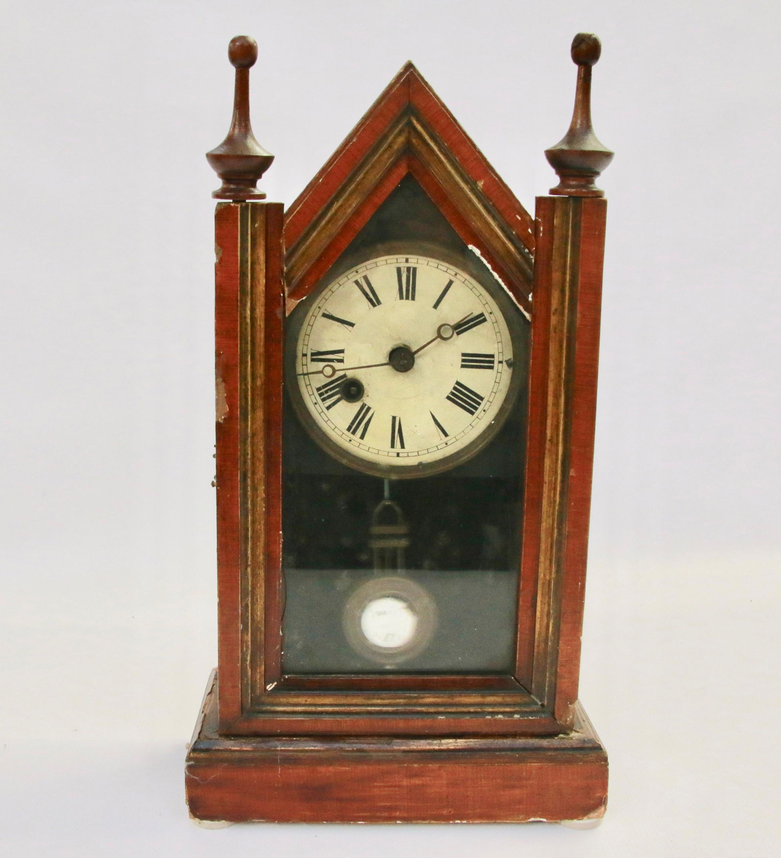 WOODEN MANTLE CLOCK: LABEL ON BACK READS "GOTHIC". KEY AND PENDULUM Size: 15" H.
