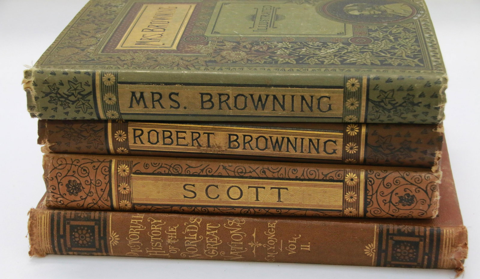 GROUP LOT OF VINTAGE BOOKS: FOUR INCLUDING: THE POETICAL WORKS OF SIR WALTER SCOTT 1888, POETICAL WORKS OF ELIZABETH BARRETT BROWNING 1886, THE POETICAL WORKS OF ROBERT BROWNING 1887, PICTORIAL HISTORY OF THE WORLD'S GREAT NATIO