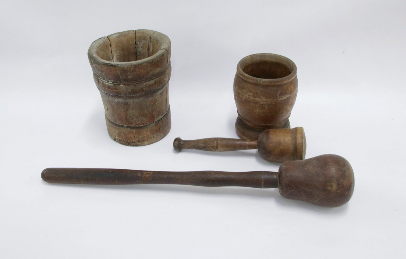 PR. OF MORTAR AND PESTLES: 19TH CENTURY - TURNED WOOD - EARLY PENNSYLVANIA Size: 6 1/2" TO 8 1/4" H We do not give IN-HOUSE shipping quotes. Please email japakmail@earthlink.net - All items once paid will be taken to our shippe