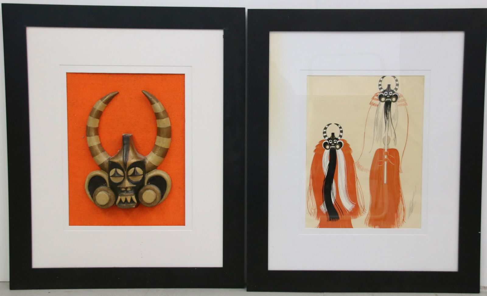 ERTE COLORED TRIBAL SKETCHED AND CARVED HORNED FACE: SKETCH IS FRAMED UNDER GLASS. SIGNED IN PENCIL BOTTOM RIGHT. CARVED FACED MOUNTED TO FELT. Size: 12" X 9 1/2". MASK 10" X 6 1/2" We do not give IN-HOUSE shipping quotes. Please email japakmail@earthli