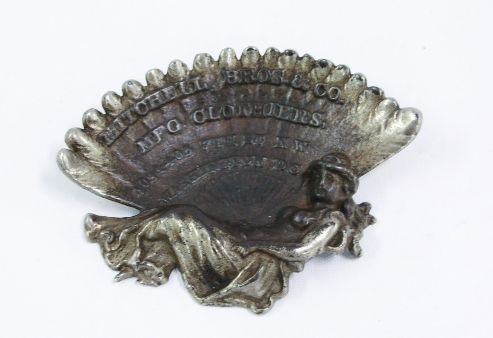 VINTAGE ADVERTISING ASHTRAY: ADVERTISING - MITCHELL BROS. AND CO. - MFG. CLOTHIERS WASHINGTON, DC Size: 6" L We do not give IN-HOUSE shipping quotes. Please email japakmail@earthlink.net - All items once paid will be taken to our