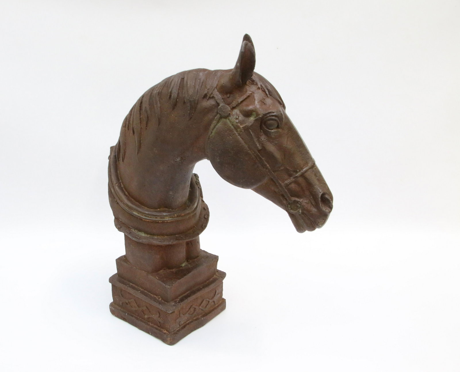 VINTAGE CAST IRON HORSE HEAD ON PEDESTAL BASE: PAINTED CAST IRON FRENCH HORSE WITH COLLAR AND HARNESS Size: 18" H X 14". **34 LBS.** We do not give IN-HOUSE shipping quotes. Please email japakmail@earthlink.net - All items once paid will be taken