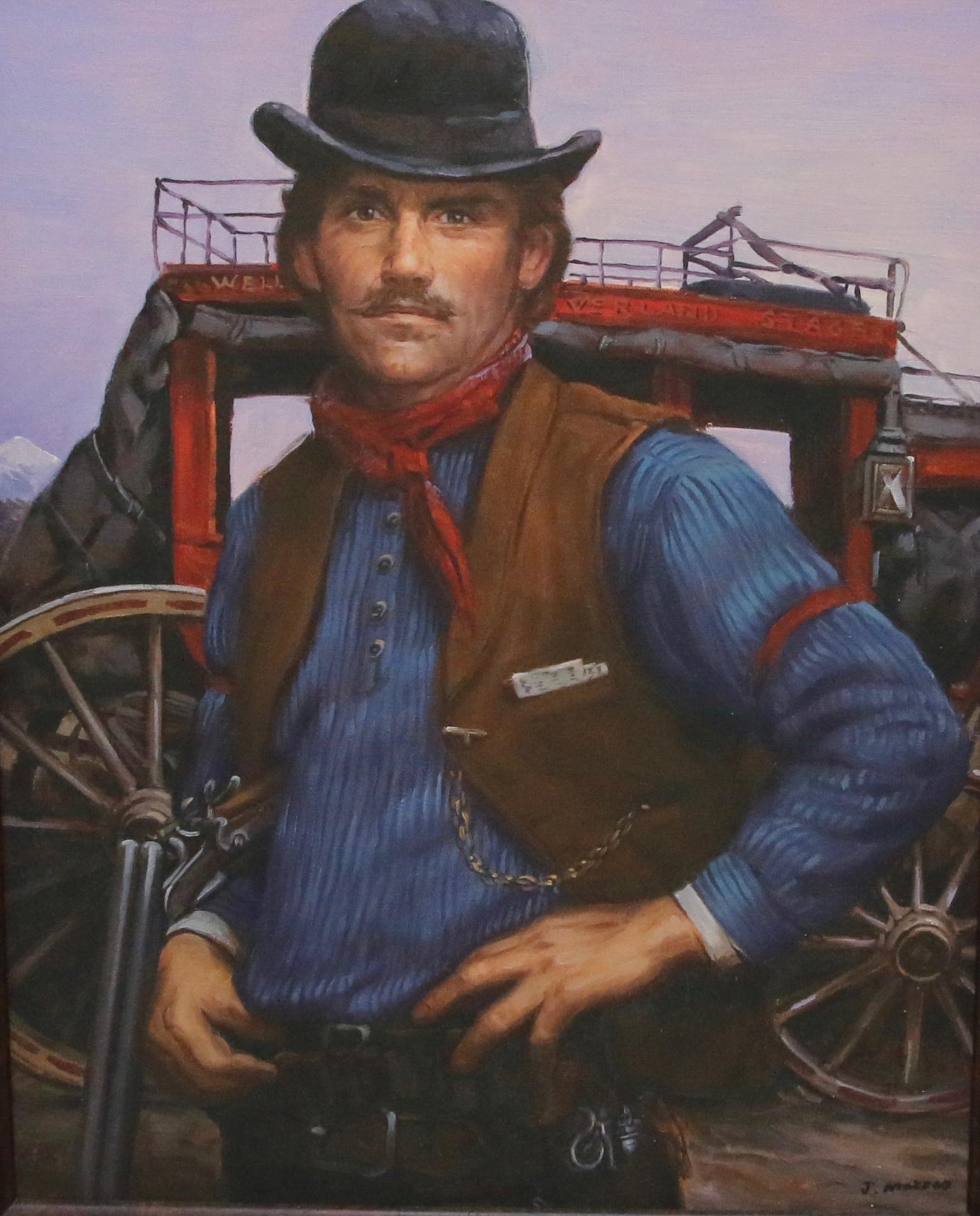 EARLY PORTRAIT ON CANVAS: STAGECOACH DRIVER AND COACH SIGNED J. MAZZEO Size: 20" X 16" Important Shipping Information: We do not give IN-HOUSE shipping quotes. Please email japakmail@earthlink.net - All items once paid will
