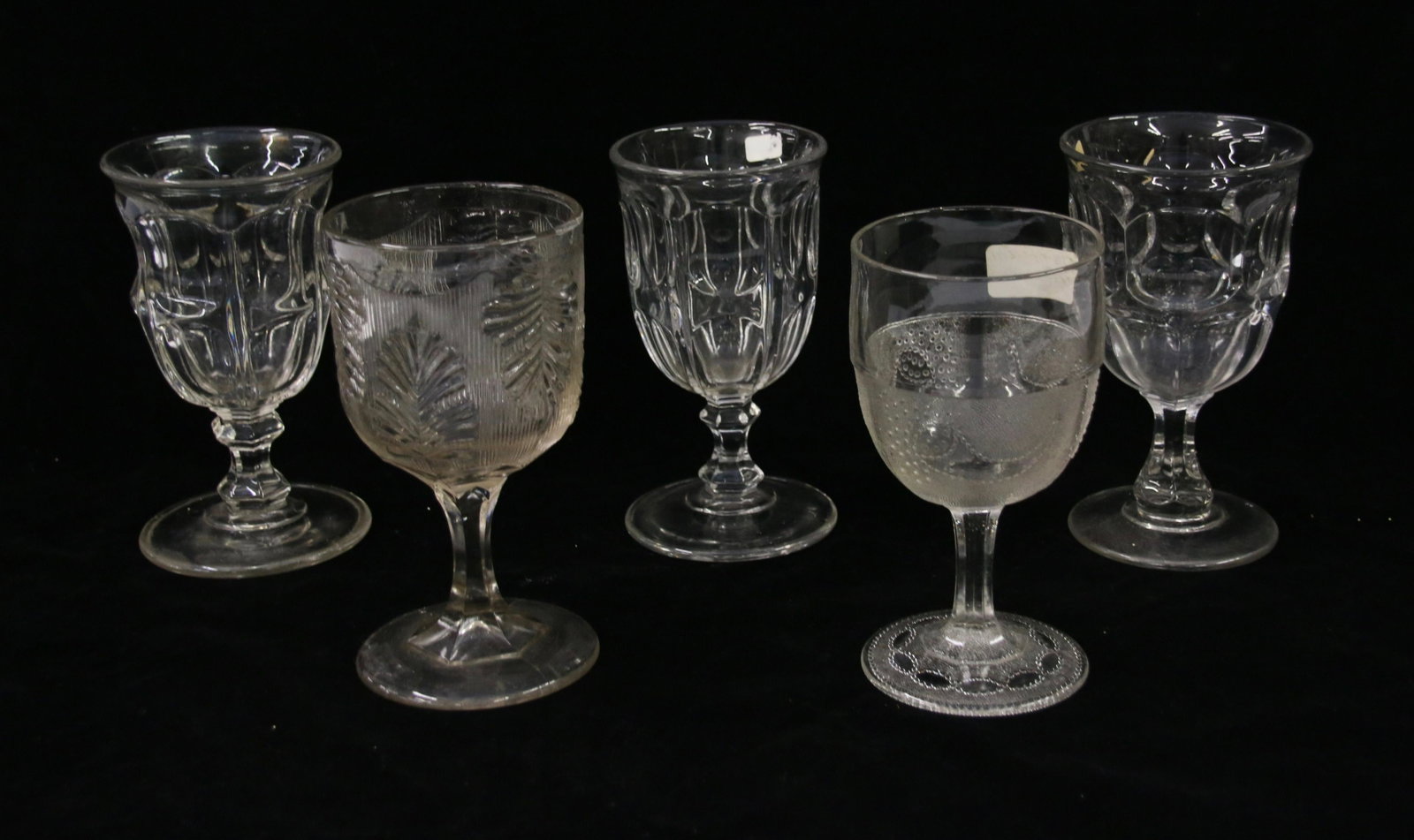 (5) PRESSED FLINT GLASS GOBLETS: BIGLER FLINT ONE POLISHED PONTIL - ASHBURTON FLINT (1) POWDER AND SHOT - RIBBED PALM FLINT Size: 6" X 3.5" Important Shipping Information: We do not give IN-HOUSE shipping quotes. Please email japakma
