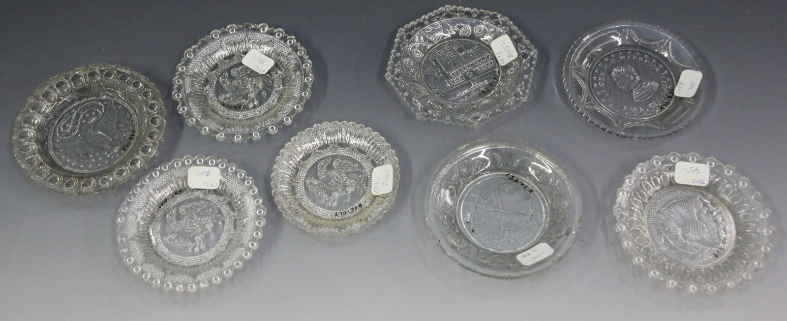 AMERICAN MIDWESTERN CUP PLATES: MAID OF THE MIST, (3) EAGLE VARIANTS, EAGLE FORT POTTI, THISTLE, WILLIAM HENRY HARRISON, AND FULTON STEAMER Important Shipping Information: We do not give IN-HOUSE shipping quotes. Please email japakm