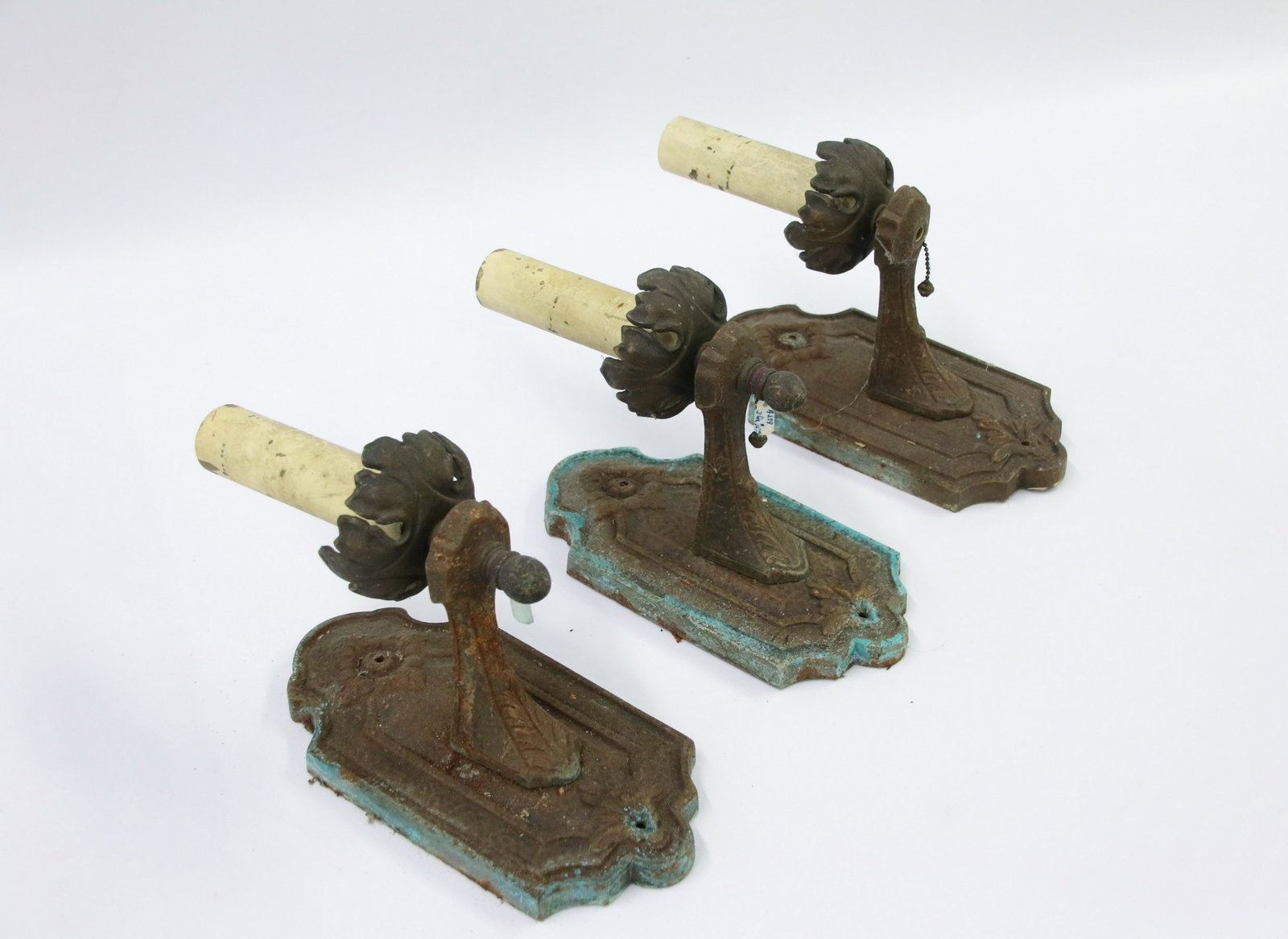 (3) WALL SCONCES: (3) CAST IRON WALL SCONCES - CIRCA 1920'S Size: 11" X 4 1/2" Important Shipping Information: We do not give IN-HOUSE shipping quotes. Please email japakmail@earthlink.net - All items once paid will be