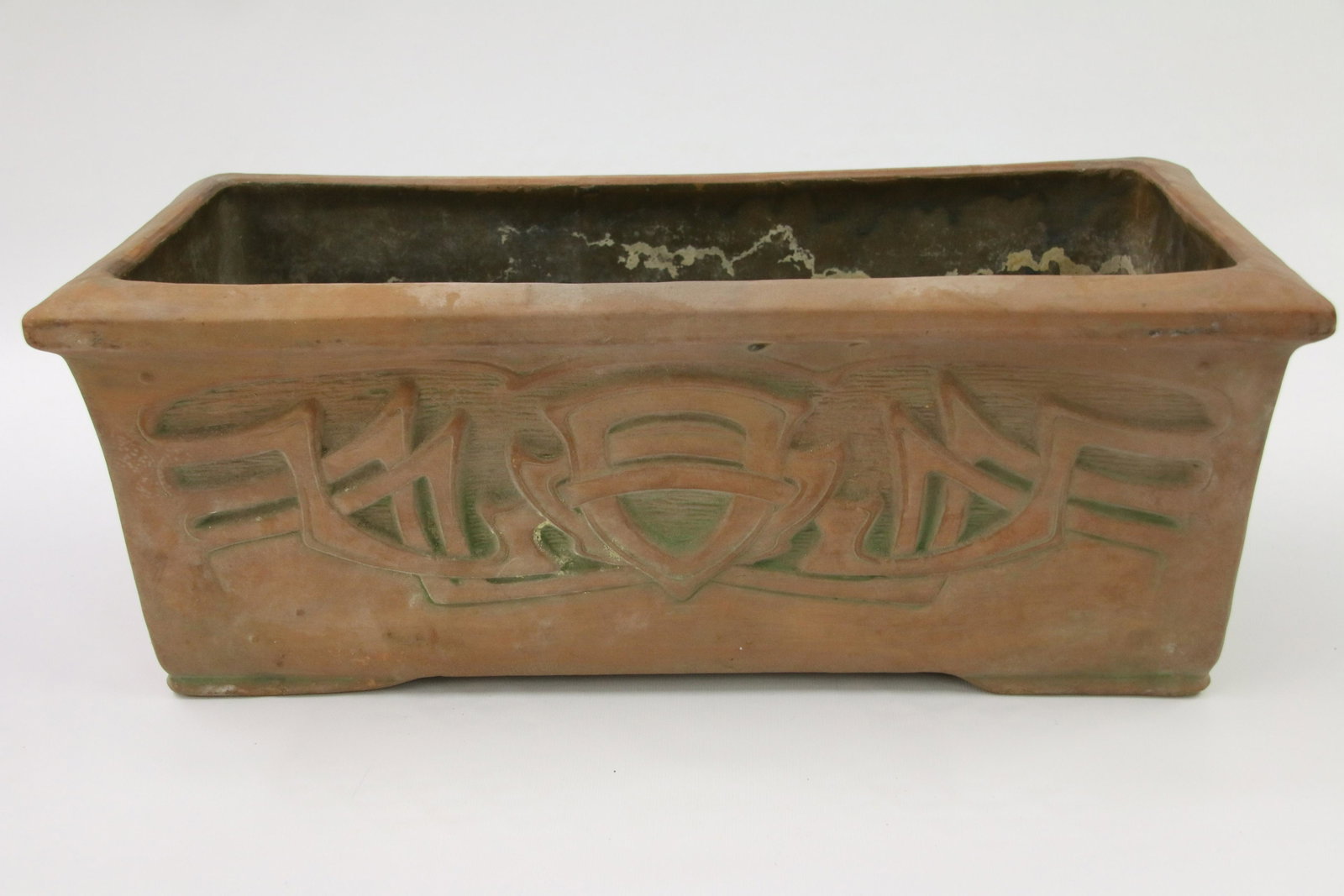 ART DECO FLOWER BOX: RED WARE WITH INCISED DESIGN SHADED IN GREEN Size: 7" X 8" X 18" Important Shipping Information: We do not give IN-HOUSE shipping quotes. Please email japakmail@earthlink.net - All items once paid wil