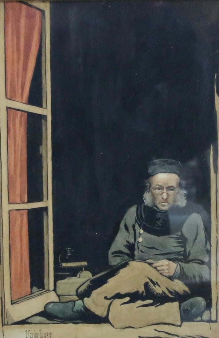 FRANK TAYLOR BOWERS DRAWING ON PAPER: HAND DONE INK AND WASH. DEPICTS OLD MAN WITH GLASSES CROSSED LEGS ON FLOOR BY WINDOW. STICKER ON BACK " OWNED BY MRS. F.T. BOWERS" Size: 10 1/2" X 7" AND 17" X 11 1/2" Important Shipping Information